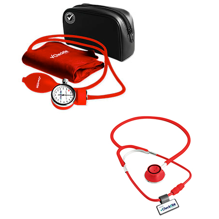 Kit de medidor de presión arterial aneroide y estetoscopio doble en color rojo, de la marca Beracah Medica.