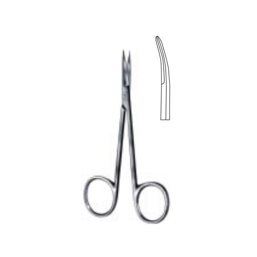 Tijeras de iris curvas de 11.5 cm de la marca Beracah Médica, con mango ergonómico y hoja de tungsteno para precisión.