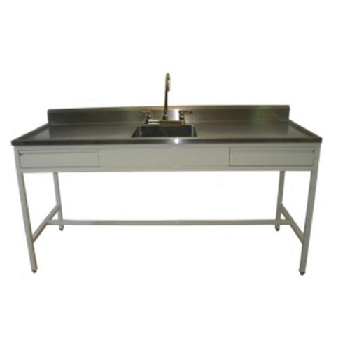 Mesa alta de 120 cm MSI con fregadero central y cajones, diseñada por Beracah Médica, para espacios profesionales.