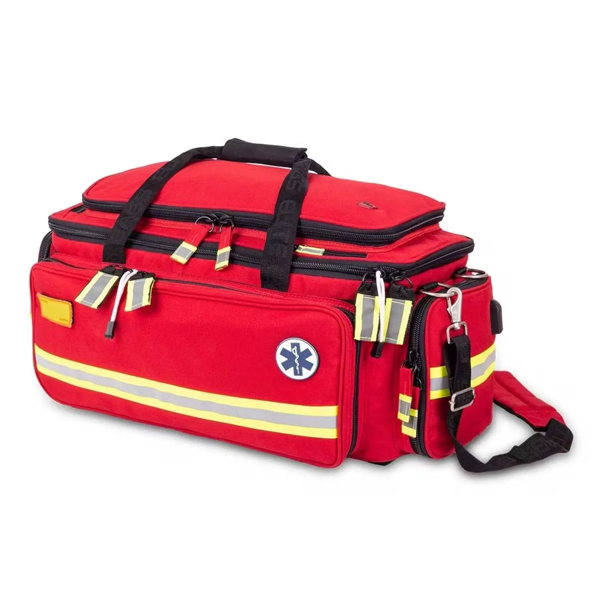 Mochila vacía de emergencias soporte vital avanzado Mod. Critical de Beracah Medica, con compartimentos y correas ajustables.