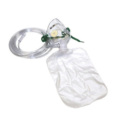 Mascarilla de oxígeno para adulto MSI de alta concentración sin reinhalación con tubo de 2.1 mts, paquete con 50 unidades.