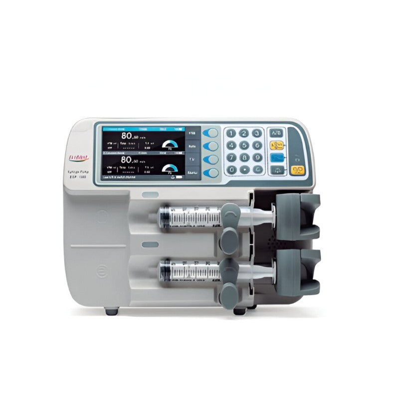 Bomba de jeringa de infusión doble canal Beracah Medica modelo ESP-1500, con controles y pantallas visibles en la imagen.