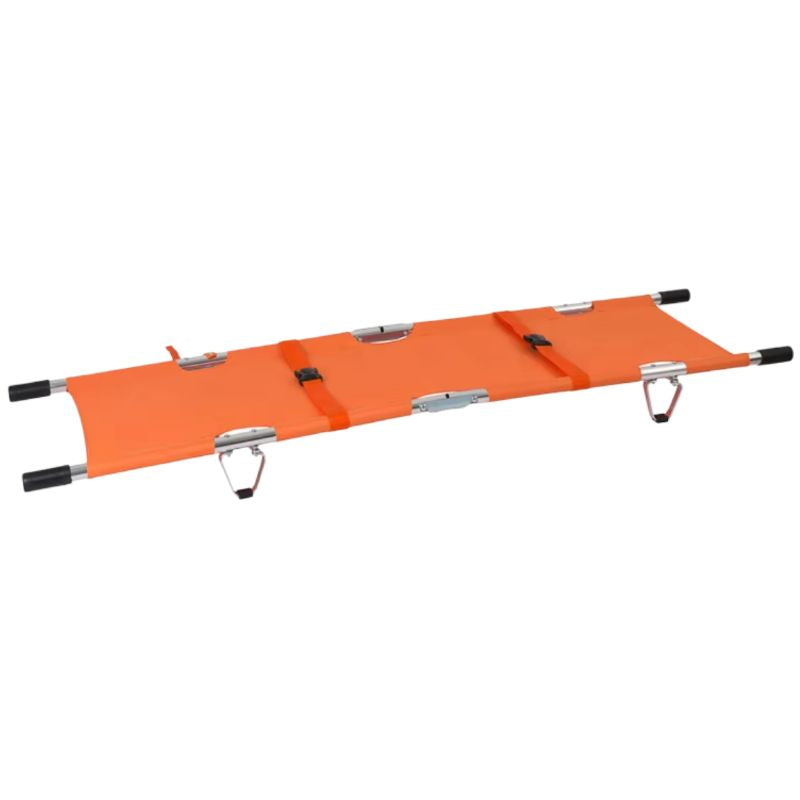 Camilla plegable lateral y transversal de aluminio en color naranja de Beracah Médica, ideal para rescate y emergencias.