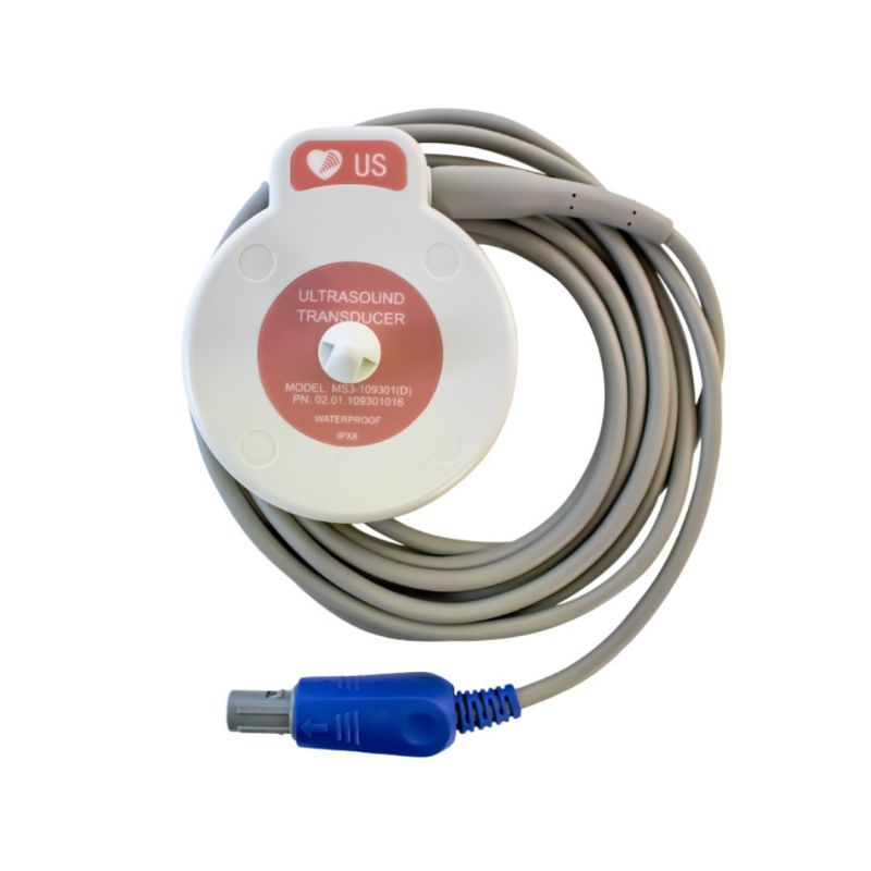 Transductor de 6 pines rosa para tococardiografo F3 de la marca Beracah Medica, con cables y conectores visibles.