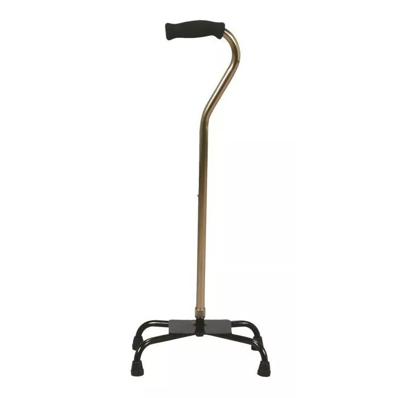 Bastón de aluminio de 4 apoyos en color bronce de la marca Beracah Medica, con agarres ergonómicos y base estable.
