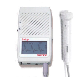 Detector fetal de bolsillo MSI de Beracah Medica con pantalla que muestra la frecuencia cardíaca fetal en una imagen clara.