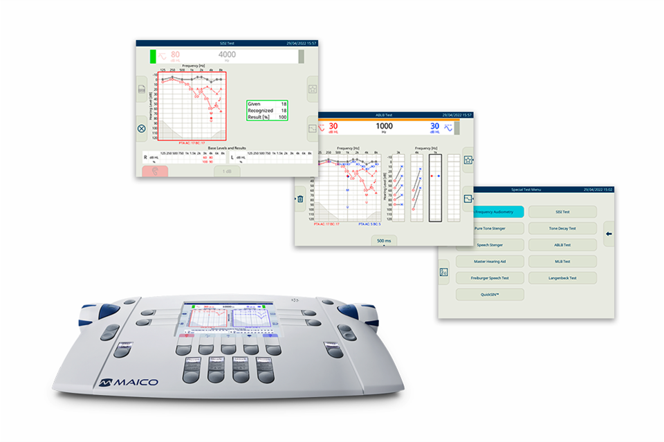 Audiómetro de diagnóstico portátil de 2 canales Beracah Medica modelo MA 42 con software, pantalla y controles visibles.