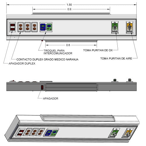 Consola hospitalaria Beracah Medica con riel, lámparas, dos tomas, contactos duplex y troquel para intercomunicador, 1.50 mts