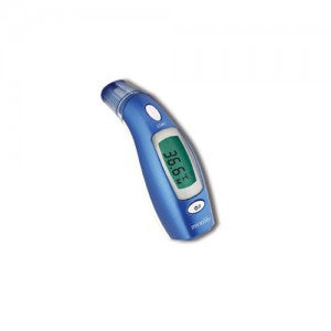 Termómetro digital Beracah Medica para frente y oído, mostrando pantalla con lectura de temperatura.