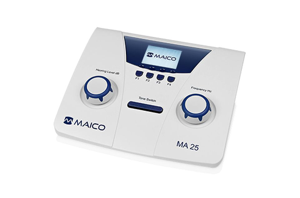 Audiómetro manual de conducción de aire portátil Beracah Médica modelo MA 25, sin software, con margen completo de frecuencias.