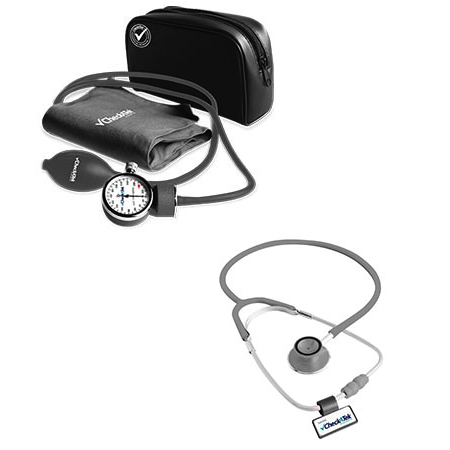 Kit de baumanómetro aneroide y estetoscopio duplex de doble campana gris de Beracah Médica para medición de presión y auscultación.