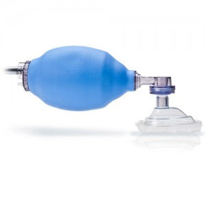 Resucitador pediátrico reutilizable Beracah Médica con mascarilla y bolsa reservorio para emergencias médicas infantiles.