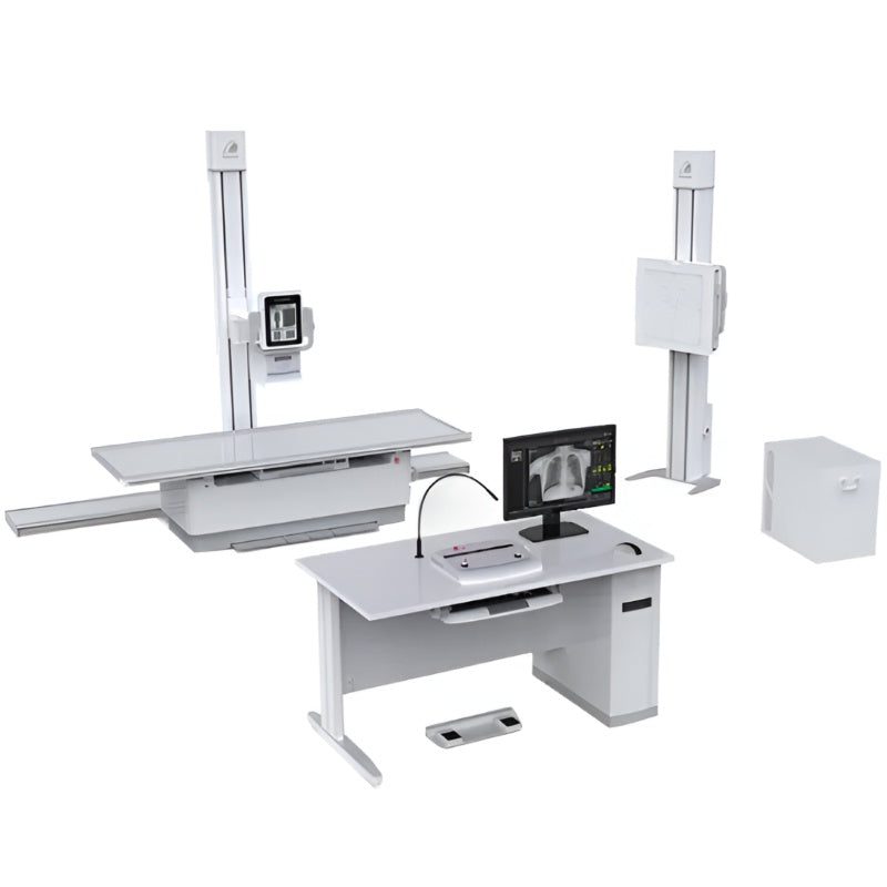 Equipo de Rayos X digital Beracah Medica modelo SLA-300 con detector dinámico montado al piso y movimiento.