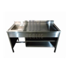Mesa alta MSI de 150 cm con respaldo y fregadero derecho de acero inoxidable, ideal para espacios médicos.