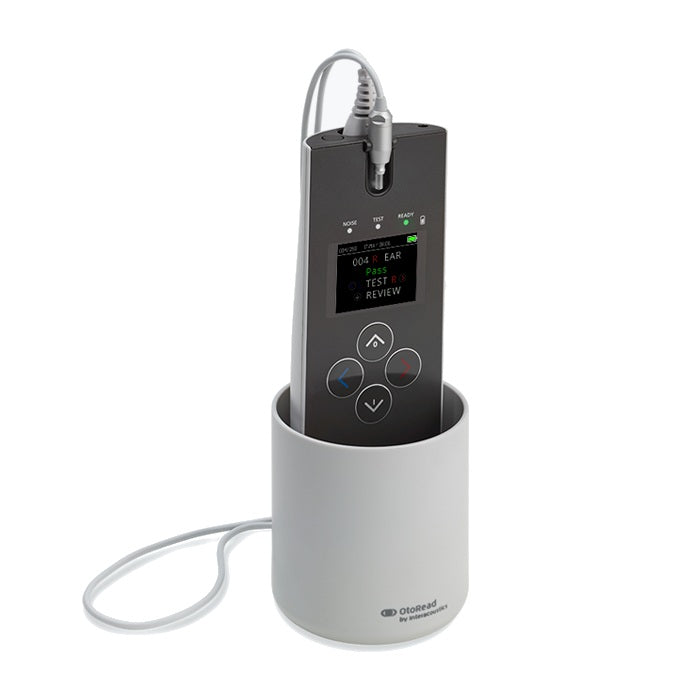 Base cargador para Otoread de Beracah Medica, accesorio de refacción para equipo médico, en color gris con cable de conexión