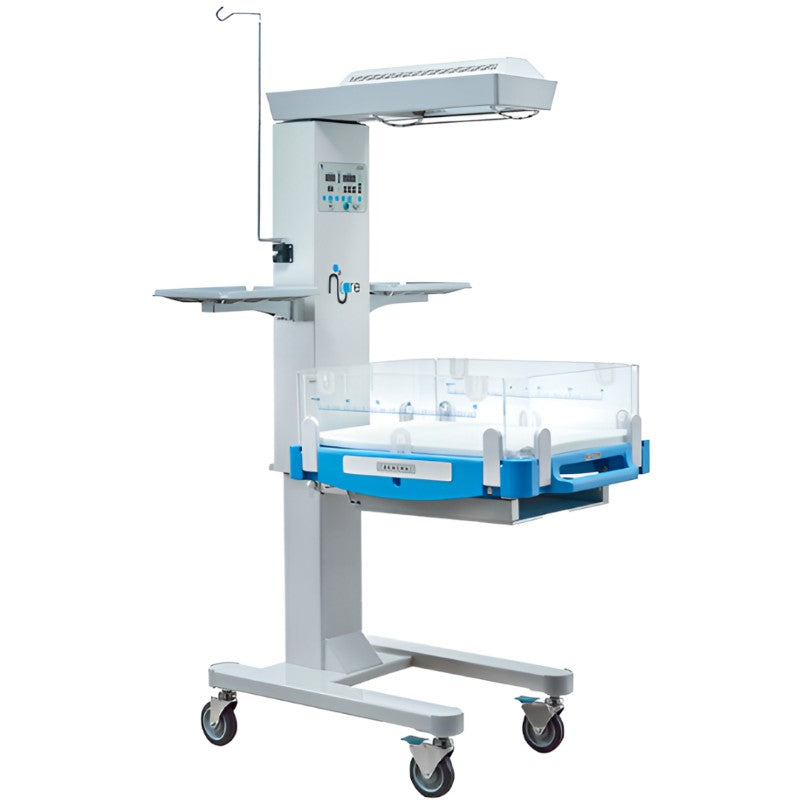 Cuna térmica de calor radiante Beracah Medica modelo NK-C1-PRO con fototerapia, mostrando la camilla y equipo de fototerapia en la imagen.