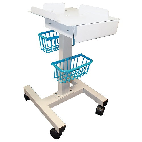 Carro porta equipos metálico universal Beracah Médica con estantes y ruedas para transporte de equipos médicos.