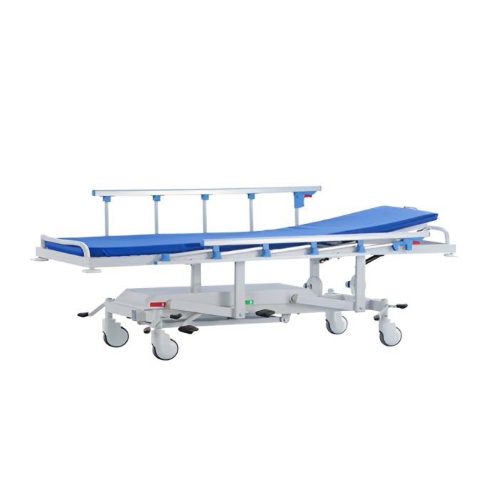 Camilla hidráulica para recuperación y traslado de pacientes, capacidad 250 kg, marca Beracah Médica, con superficie acolchada y estructura robusta.