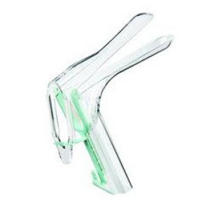 Espejo vaginal desechable mediano de Beracah Medica con adaptador para iluminador, con 24 unidades, en uso o en empaque.