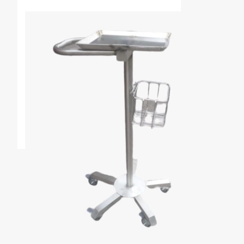 Base rodable para monitor de pedestal MSI con ruedas y canastilla en acero inoxidable, ideal para soporte médico.
