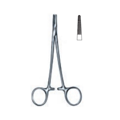 Porta agujas Halsey estriado de 13 cm de la marca Beracah Medica, con diseño para organizar agujas médicas.
