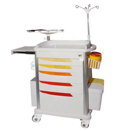 Carro de emergencias rojo de plástico ABS con 5 cajones, tamaño 82x52x95 cm, para uso en centros médicos y emergencias.