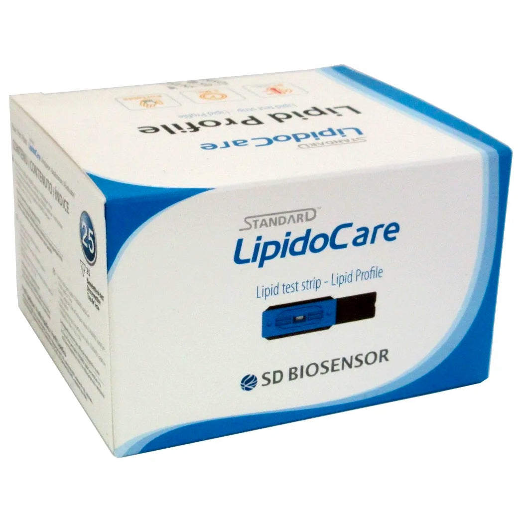 Tiras reactivas LipidoCare para perfil de lípidos, colesterol, HDL y triglicéridos, en caja con 25 piezas y capilares de 35ml.