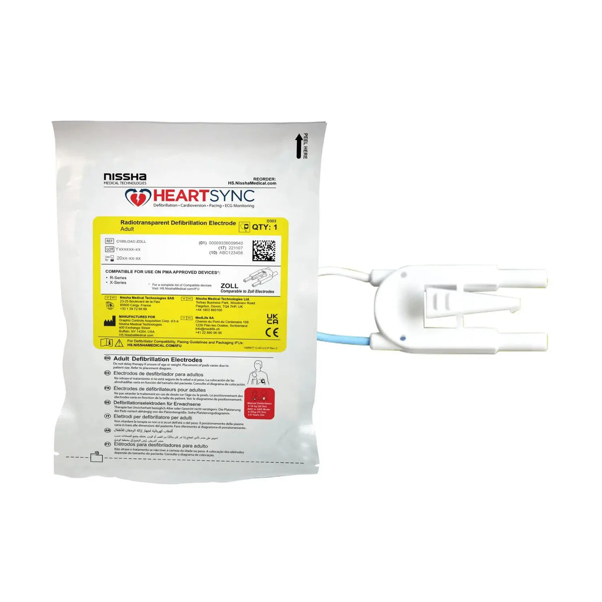 Parche electrodo adulto/pediátrico Beracah Medica compatible con Zoll para desfibrilador, visto en la imagen.
