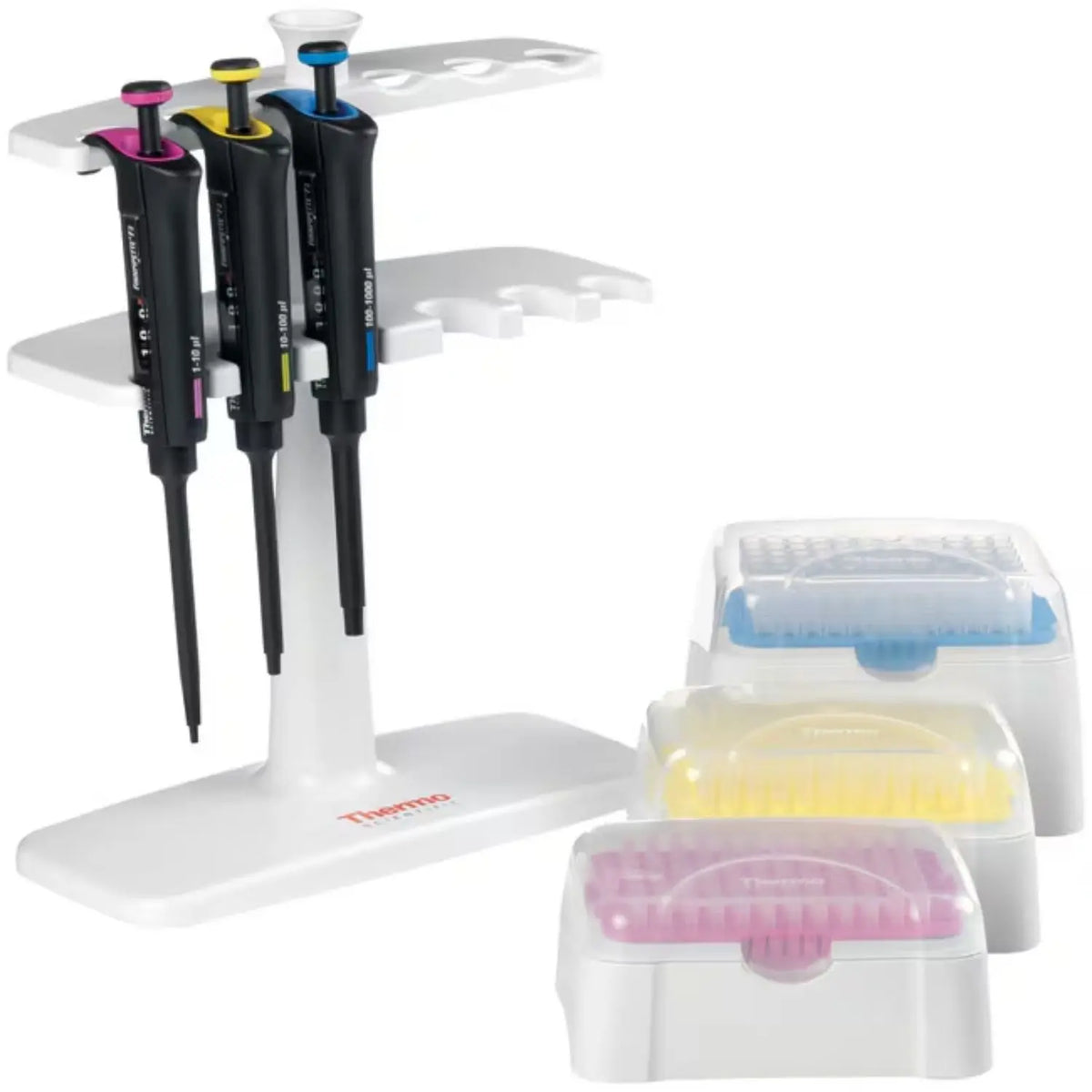 Kit de micropipetas Finnpipette™ F2 GLP de Beracah Medica, MSI, con varias pipetas y accesorios en un estuche transparente.