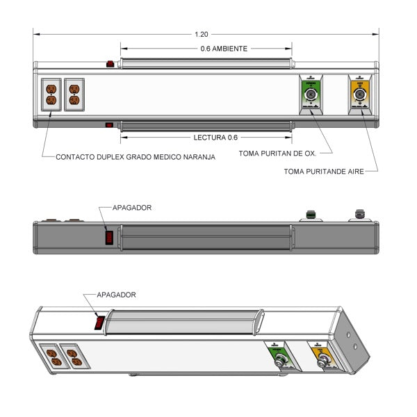 Consola 4 v delta de 120 cms Tomas de oxigeno/aire tipo NFPA y 2 contactos duplex con lámparas