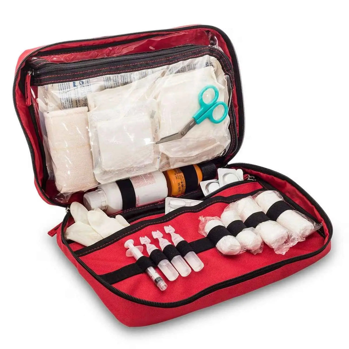 Botiquín mediano de primeros auxilios Heal&Go de Beracah Medica con insumos médicos en interior, para emergencias y cuidados básicos.