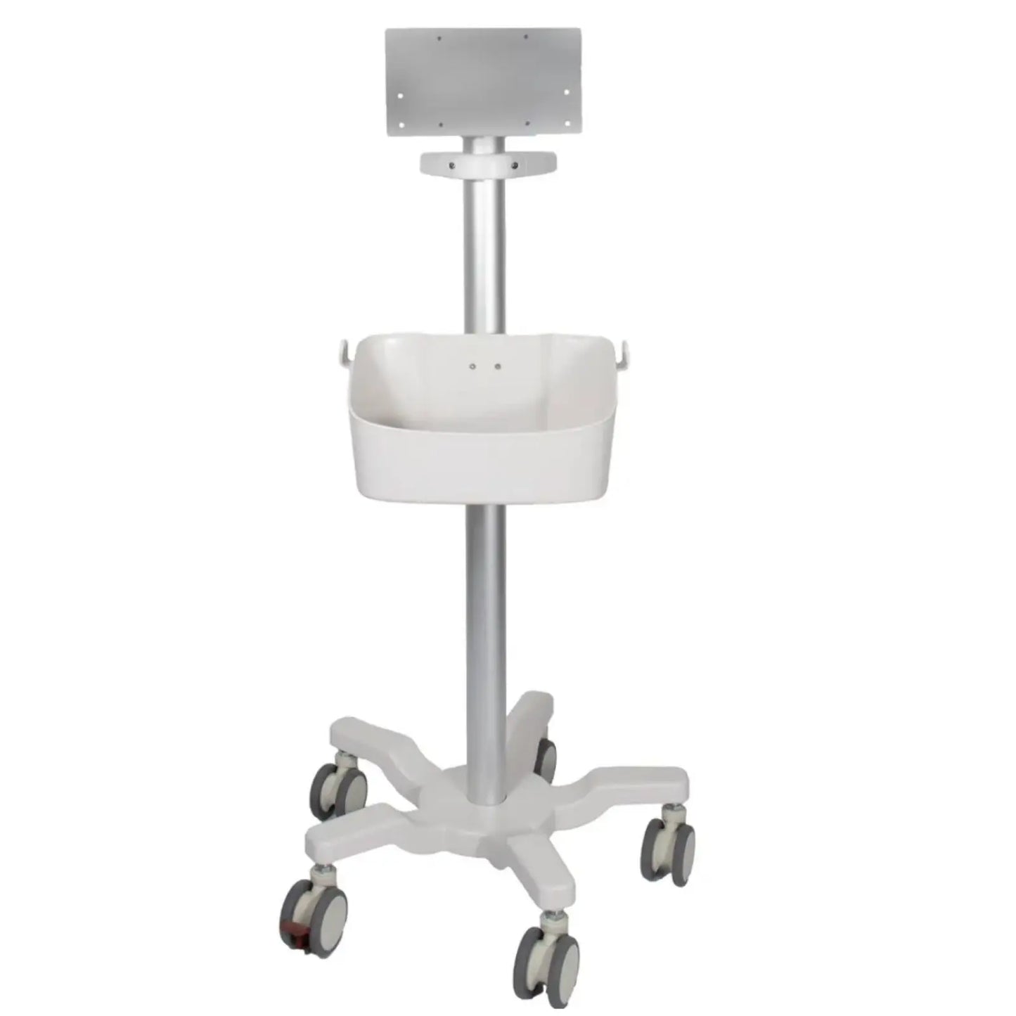 Carrito universal MSI para equipos con montaje trasero, estructura metálica y ruedas, ideal para transporte y almacenamiento médico.