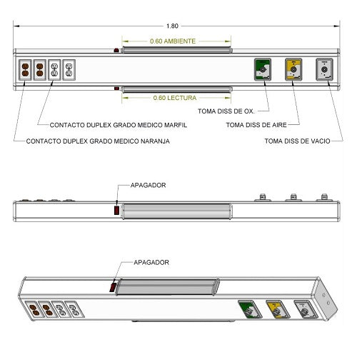 Consola de cabecera horizontal básica tipo I de 1.50m, para cuarto de hospital, marca Beracah Medica, en color blanco.