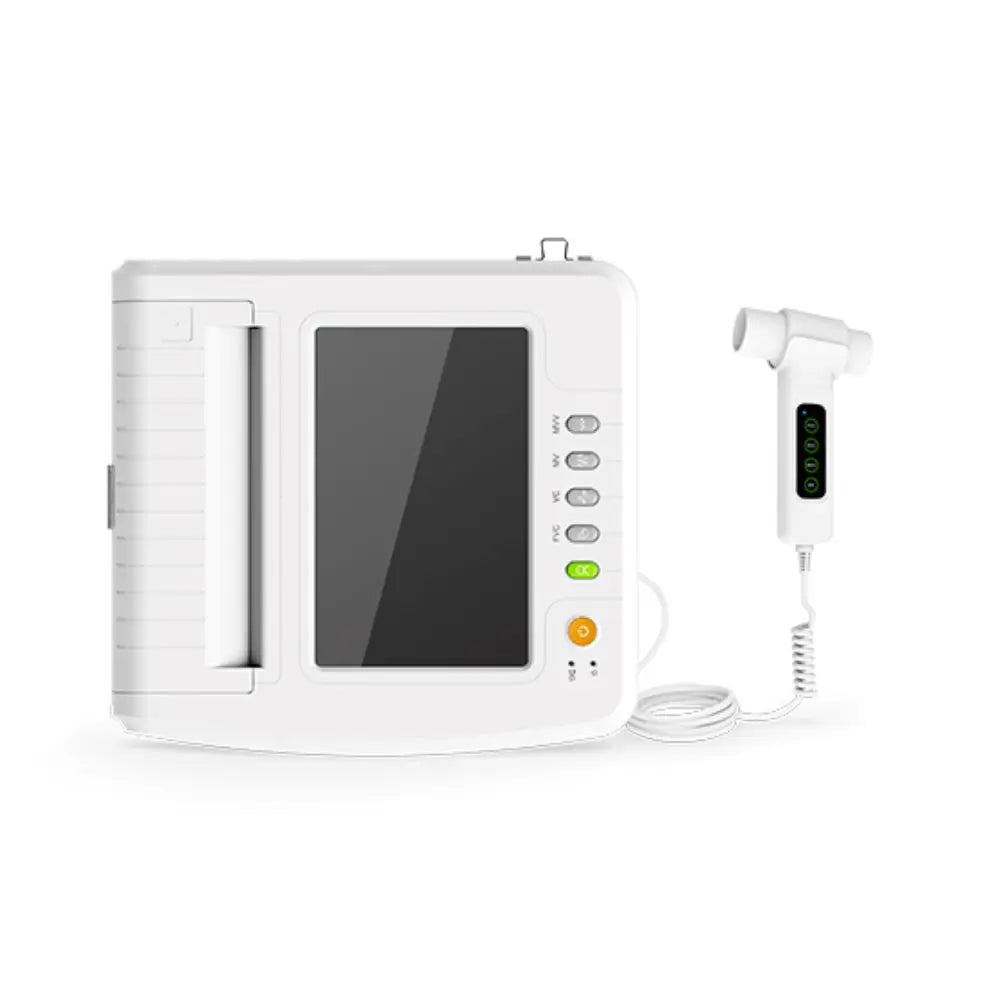 Espirómetro Beracah Medica Mod. SP100B con pantalla y impresora, mostrando el dispositivo portátil para pruebas respiratorias.