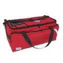 Mochila de emergencia roja Beracah Médica, equipada para vía aérea, con compartimentos y accesorios médicos.