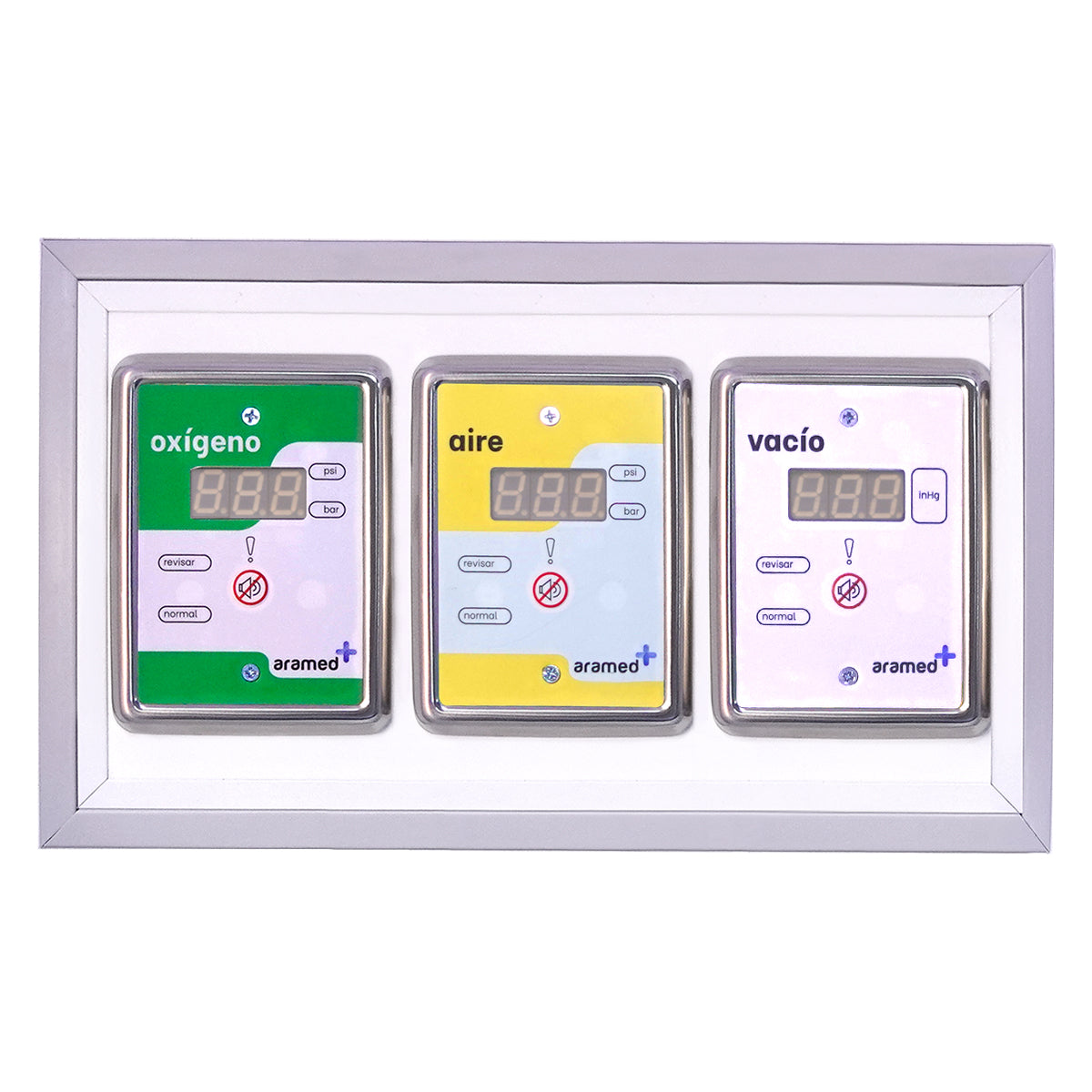 Alarma triplex oxígeno, aire y vacío digital para sobreponer de la marca Beracah Medica, con pantalla y sensores visibles.