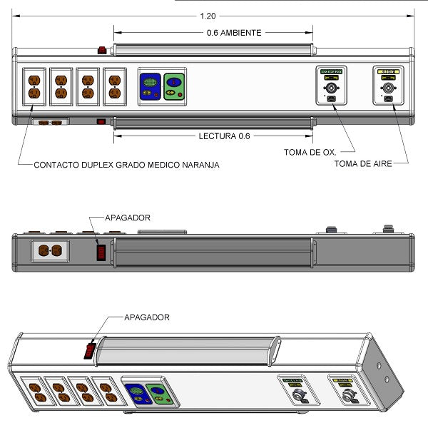 Consola médica Beracah con 4 V delta, tomas de oxígeno/aire NFPA y 6 contactos duplex con lámparas, 120 cm de largo.