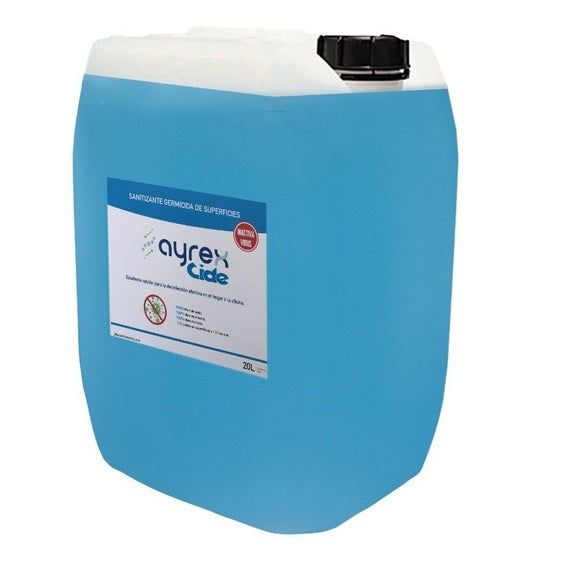 Líquido sanitizante multiusos Ayrex Cide de Beracah Medica en envase de 20L, caja con 10 unidades, para limpieza y desinfección.