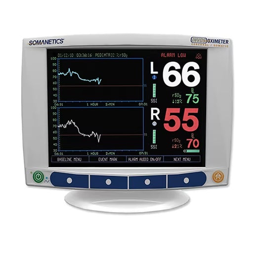 Monitor para paciente Beracah Medica Oximetría regional O3 INVOS, pantalla con sensores y cables conectados.
