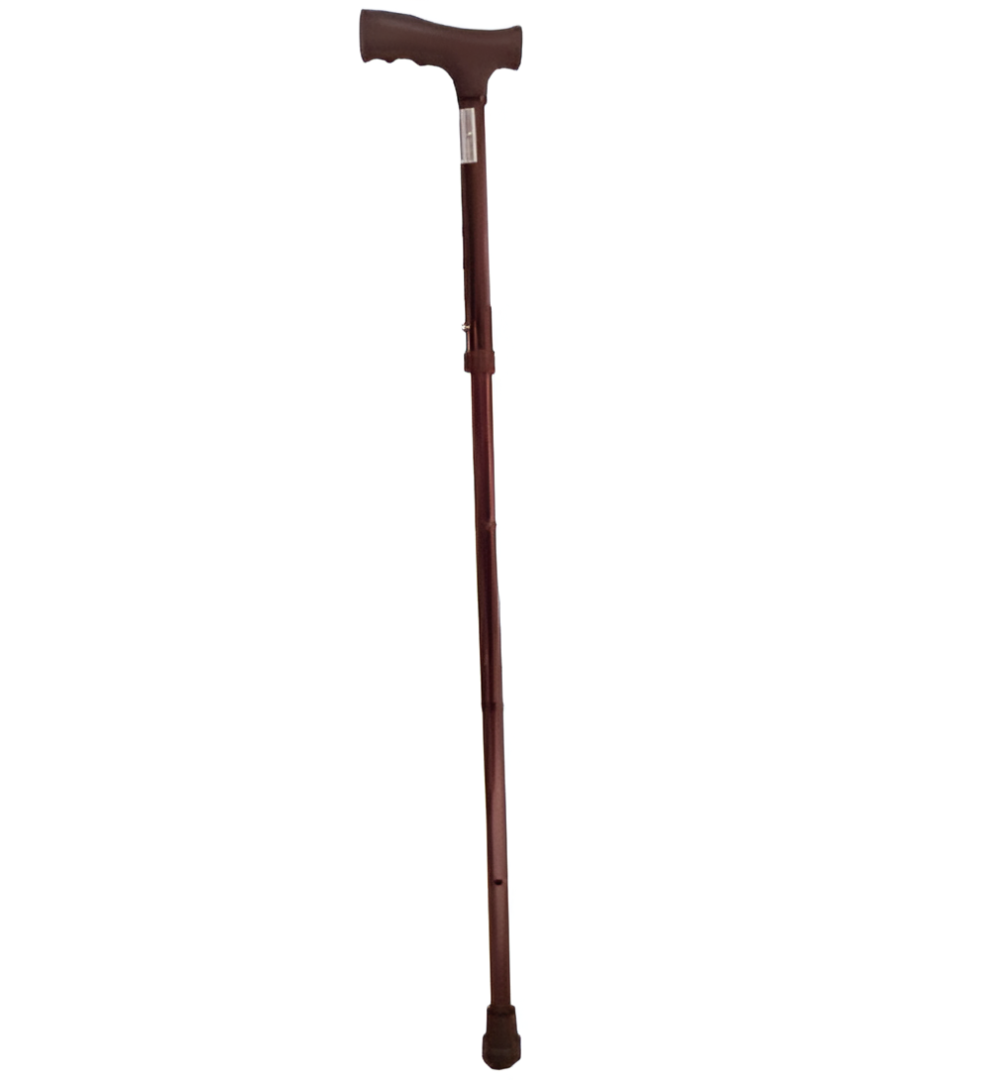 Bastón de aluminio plegable color bronce con mango de plástico de forma alemana, marca Beracah Médica, en ángulo.