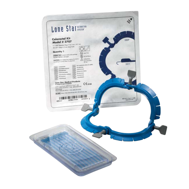 Kit retractor colorectal Lone Star de Beracah Medica para uroginecología, con instrumentos quirúrgicos en un fondo quirúrgico.