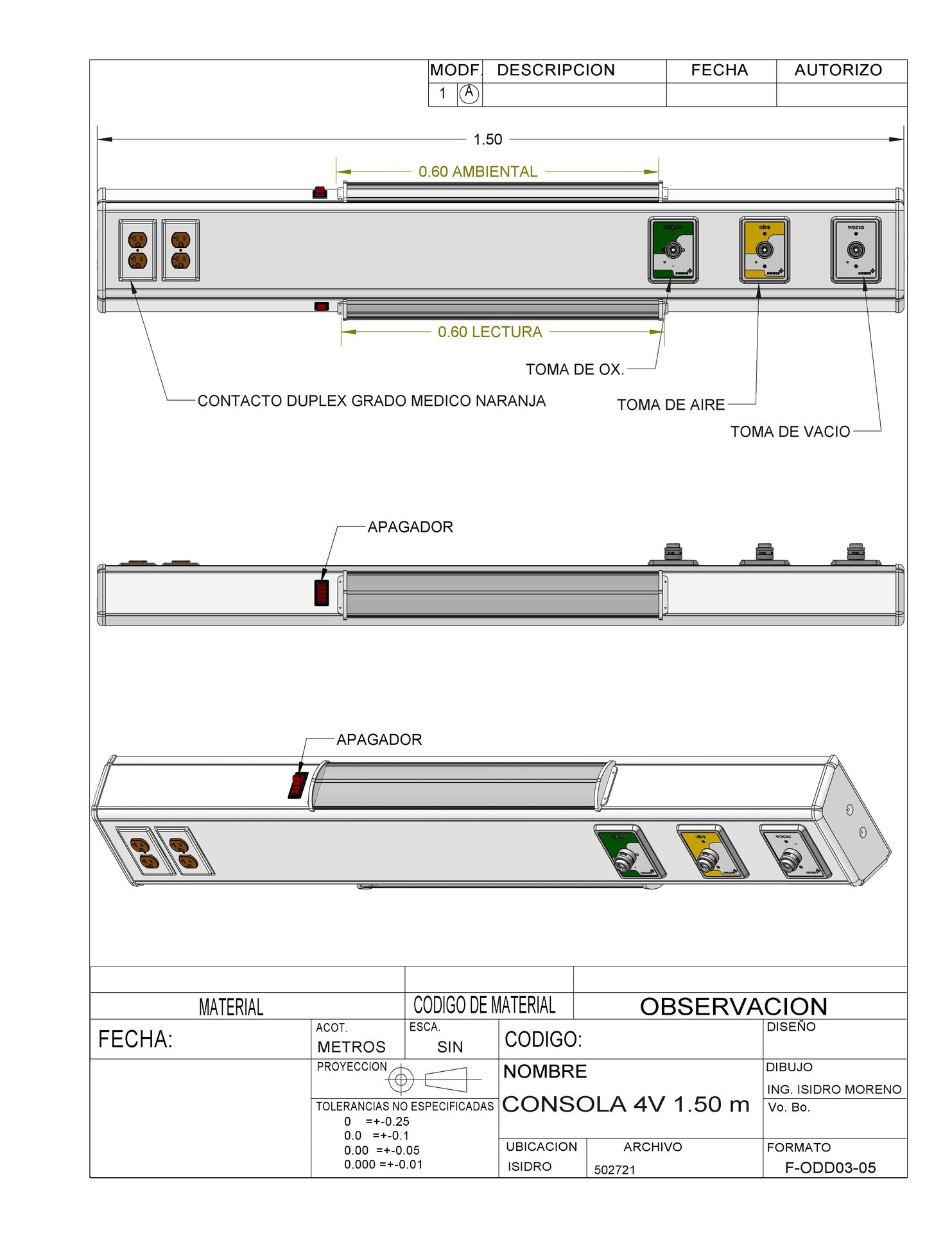 Consola 4 v delta con lámparas 1.50 mts, 3 tomas (aire/oxigeno/vacío), 2 contactos duplex grado medico