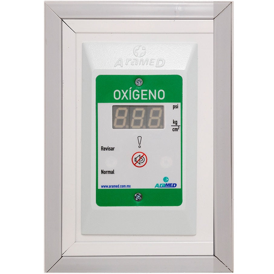 Alarma digital para gas oxígeno de sobreponer con transductor MSI de Beracah Médica, muestra pantalla y componentes en la imagen.