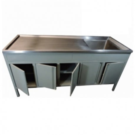 Mesa alta de 150 cm con fregadero izquierdo de acero inoxidable, marca Beracah Medica, diseño funcional para uso profesional