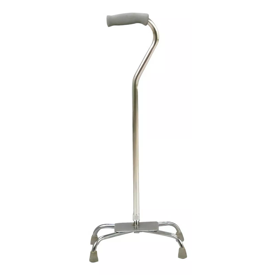 Bastón de aluminio de 4 apoyos color plata de la marca Beracah Medica, con estructura resistente y agarres ergonómicos.