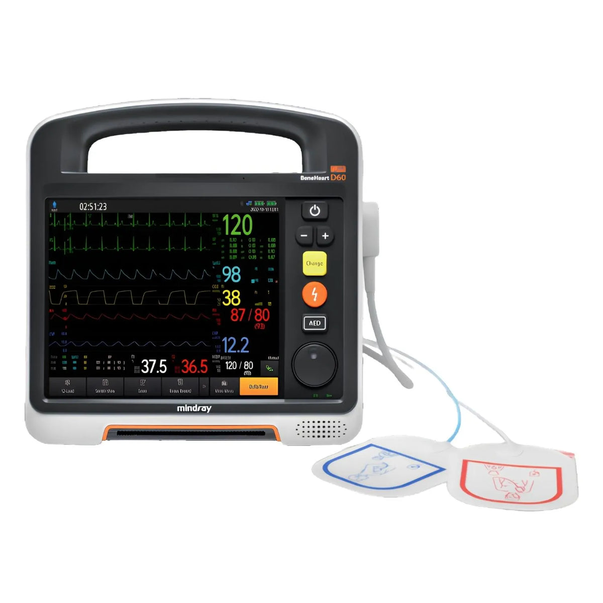 Desfibrilador monitor bifásico BeneHeart D60 de Beracah Medica con detección de marcapasos, IBP y sensor de CO2.