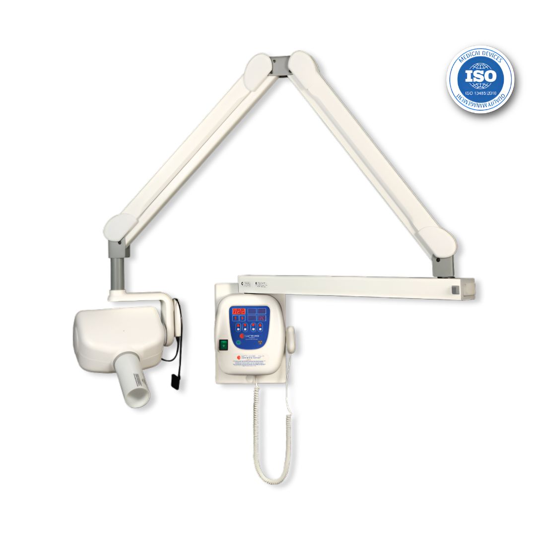 Equipo de Rayos-X dentales intraoral Beracah Medica Corix® 70+NG WM montado en pared, con panel y cables visibles