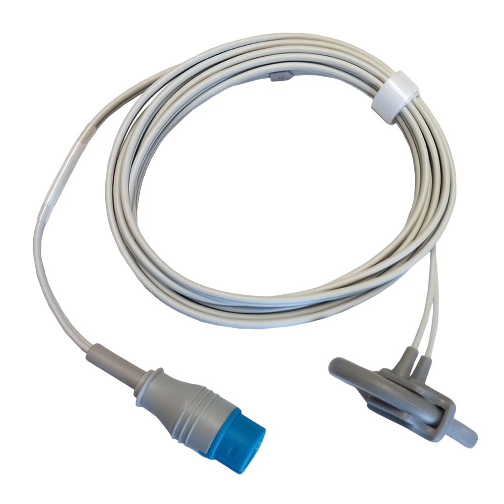 Sensor multisitio SpO2 reusable neonatal para monitor Waltvick, cables para electrocardiógrafos Beracah Medica, en fondo blanco