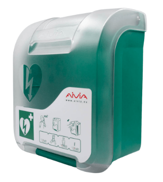 Gabinete para desfibrilador DEA Beracah Medica modelo AIVIA IN con alarma visual y sonora, caja protectora para emergencias médicas.