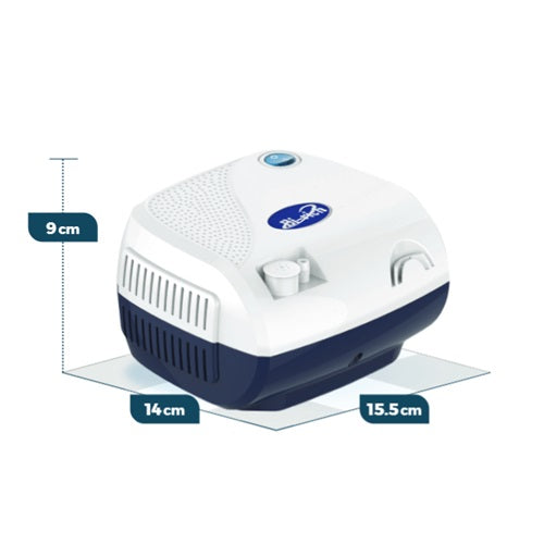 Nebulizador de compresor compacto Beracah Medica en color azul, con manguera y boquilla para tratamiento respiratorio.